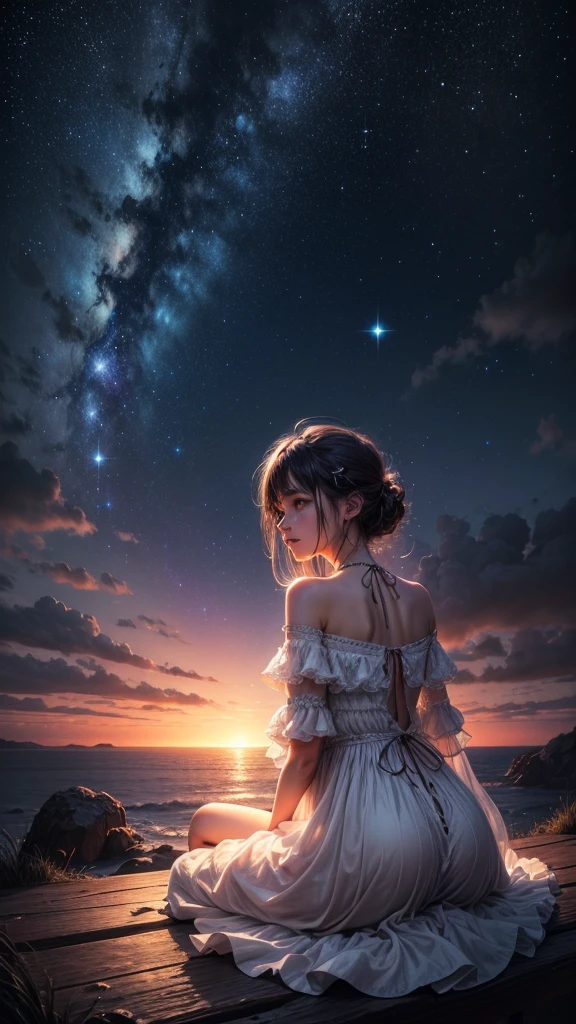 (gaze at the stars, dreamy atmosphere, celestial beauty, sparkling night sky)
