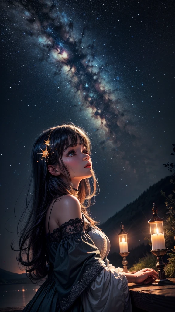 (gaze at the stars, dreamy atmosphere, celestial beauty, sparkling night sky)