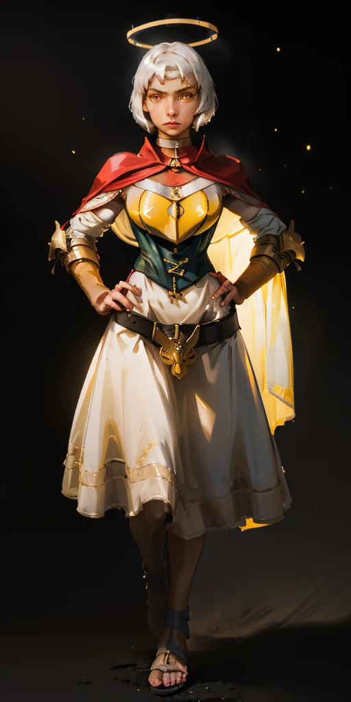 (black background) paladin lady in ornate golden armor, pauldrons, breastplate, corset, glowing halo, short hair, bob hair style, white silver hair, yellow glowing eyes, bright pupils, eye focus, red cape, particles, light beam, chromatic aberration, full body, whole body 1solo (girl) loincloth standing, hands on hips, metal sandals, leather black choker, big belt, view from below, feet together, bracers, tiara