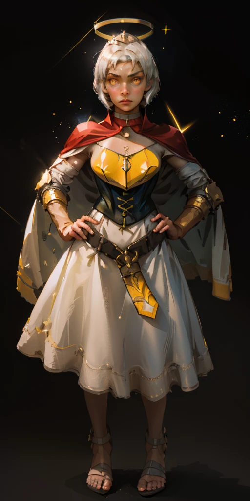 (black background) paladin lady in ornate golden armor, pauldrons, breastplate, corset, glowing halo, short hair, bob hair style, white silver hair, yellow glowing eyes, bright pupils, eye focus, red cape, particles, light beam, chromatic aberration, full body, whole body 1solo (girl) loincloth standing, hands on hips, metal sandals, leather black choker, big belt, view from below, feet together, bracers, tiara