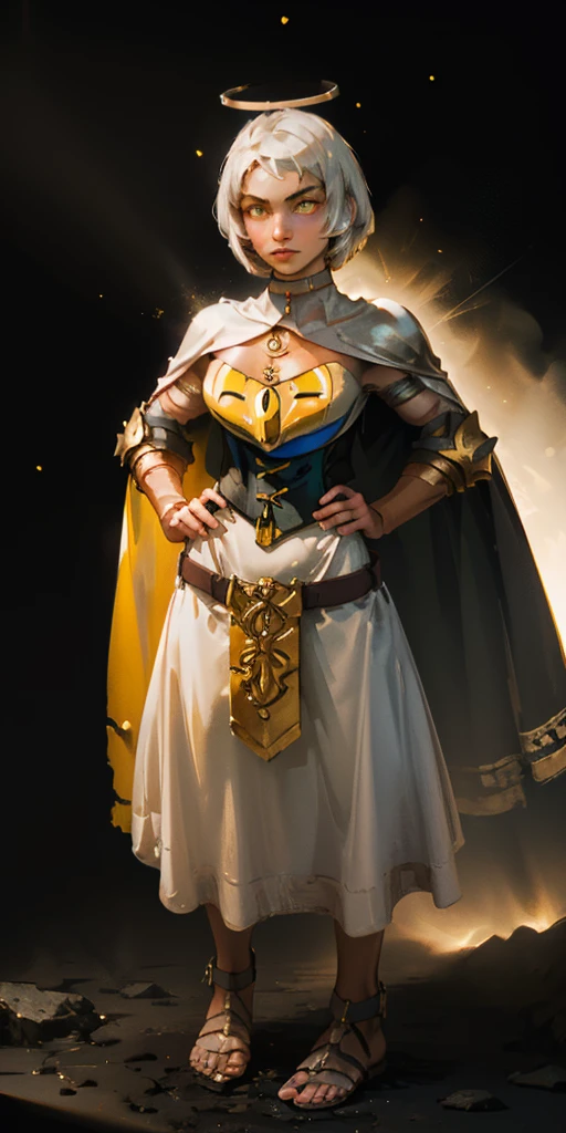 (black background) paladin lady in ornate golden armor, pauldrons, breastplate, corset, glowing halo, short hair, bob hair style, white silver hair, yellow glowing eyes, bright pupils, eye focus, red cape, particles, light beam, chromatic aberration, full body, whole body 1solo (girl) loincloth standing, hands on hips, metal sandals, leather black choker, big belt, view from below, feet together, bracers, tiara