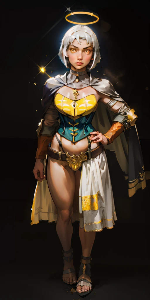((BLACK BACKGROUND 1:2, masterpiece)) 1solo female full body standing straight symmetrical with two long thighs and two metal sandals, red eyes like rubies, looking to the viewer, silver white hair, short bob style hair, big knockers breastplate, breastplate, cleavage, tiara royal, long cape up to two feet, yellow bikini (yellow tiger stripes), lustful smirking smiling, smile face (red blushed, red cheeks), pauldrons metal shoulders, gold sleeveless bracelets, separate sleeves, hands on waist hands OR hips, golden bracers, metal handcuffs, leather corset, red loincloth, black leather choker slave collar, shackles bracelets, slave red crest under navel, navel, big belt around waist OR hips, feet together, metal ankles
