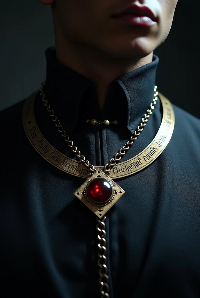 collar, with male chain, This one was shaped like a small rhombus with a small deep red stone and also has some strange inscriptions around it..