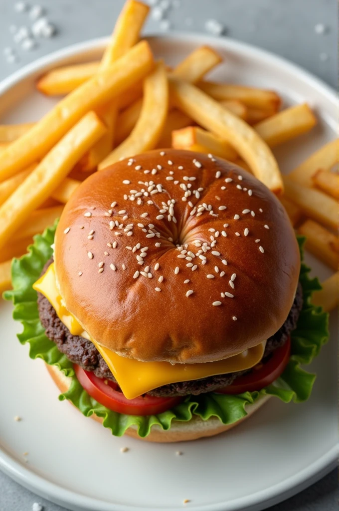A hamburger from above on a white plate with several French fries outside the plate with salt