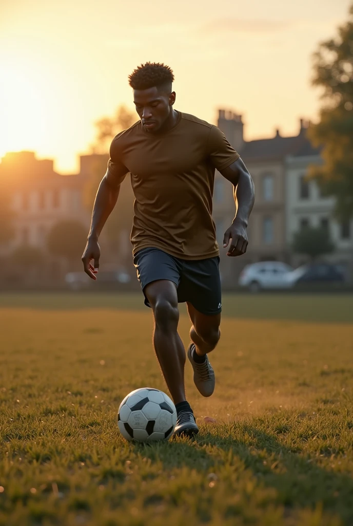 (photorealism:1.2), Léo dans son quartier** : Léo, jeune noir et déterminé, dribblant un ballon de football dans un parc modeste près de chez lui, avec des bâtiments modestes en arrière-plan et le soleil se couchant