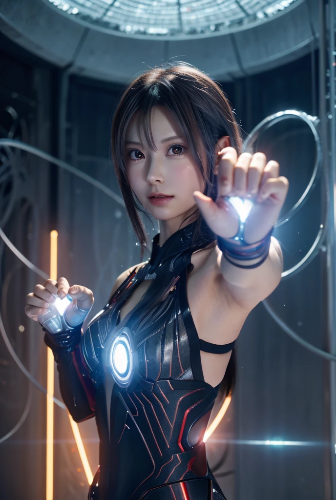 Cybernetic arm and glowing cyber girl,(Sheer and revealing costumes:1.3, )Stand on a post-apocalyptic battlefield cityscape.Surrounded by a network of wires. Surrounded by a web of circuits. (Cyber Girl with Orange Glowing Sword:1.3), Glossy light brown and orange striped shorthair,Cute smile,Perfect round face,A cheerful smile that makes the viewer happy,Proper body proportion,masutepiece,Super high-quality output images,hight resolution,Intricate details,Very delicate and beautiful hair,photos realistic,Dreamy,Professional Lighting,realistic shadow,Solo Focus,Beautiful hands,Beautiful fingers,Detailed finger features,detailed clothes features,Detailed hair features,detailed facial features,