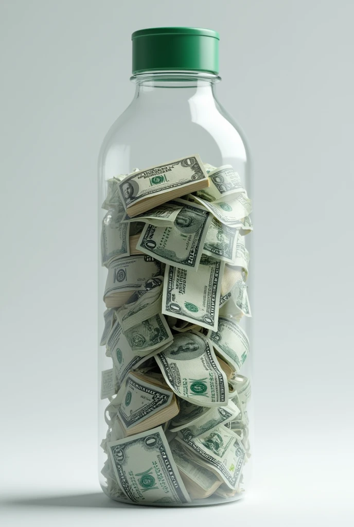 Make me an image of a money collection in a water bottle that says big collection for Lic Dennis 