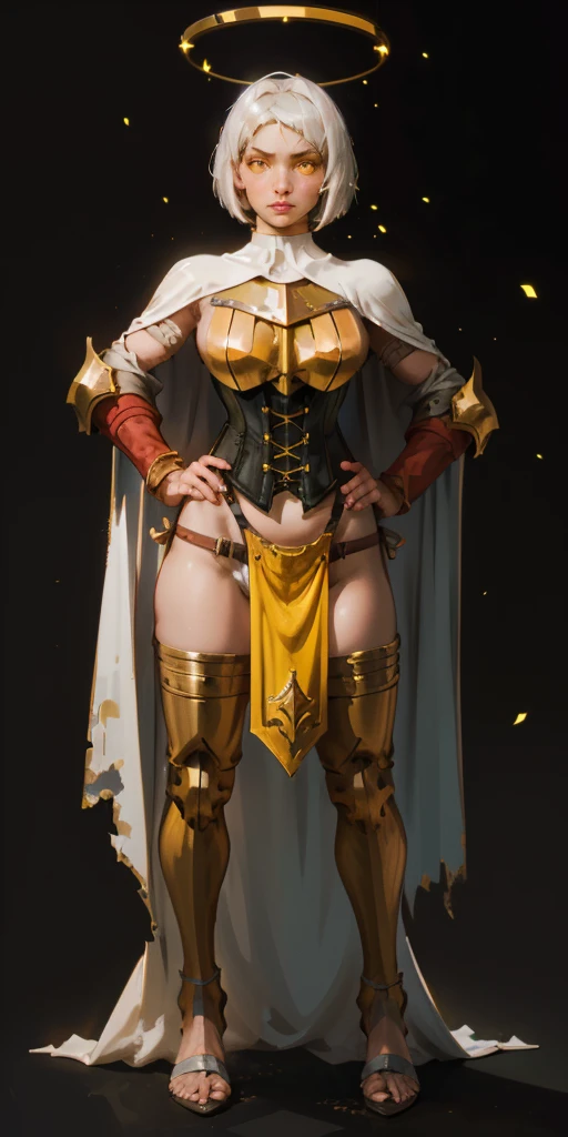(black background) paladin lady in ornate golden armor, pauldrons, breastplate, corset, glowing halo, short hair, bob hair style, white silver hair, yellow glowing eyes, bright pupils, eye focus, red cape, particles, light beam, chromatic aberration, full body, whole body 1solo (girl) loincloth standing, hands on hips, metal sandals, leather black choker, big belt, view from below, feet together, bracers, tiara