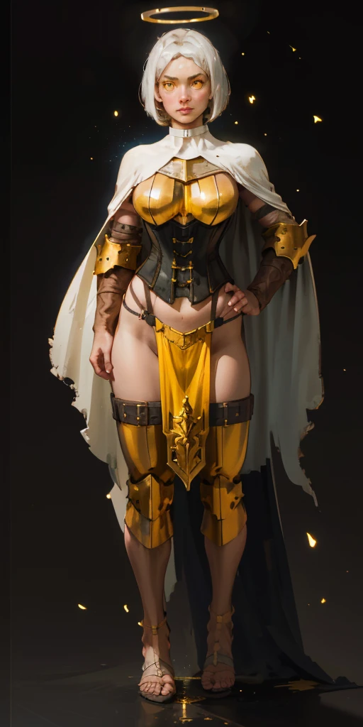 ((BLACK BACKGROUND 1:2, masterpiece)) 1solo female full body standing straight symmetrical with two long thighs and two metal sandals, red eyes like rubies, looking to the viewer, silver white hair, short bob style hair, big knockers breastplate, breastplate, cleavage, tiara royal, long cape up to two feet, yellow bikini (yellow tiger stripes), lustful smirking smiling, smile face (red blushed, red cheeks), pauldrons metal shoulders, gold sleeveless bracelets, separate sleeves, hands on waist hands OR hips, golden bracers, metal handcuffs, leather corset, red loincloth, black leather choker slave collar, shackles bracelets, slave red crest under navel, navel, big belt around waist OR hips, feet together, metal ankles