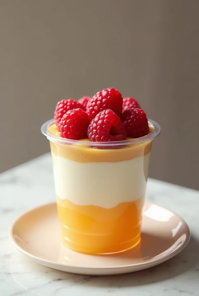 500g pure white panna cotta base with a single thin layer of honey on top, topped with 10 raspberries in a cylindrical plastic cup enclosed with a lid