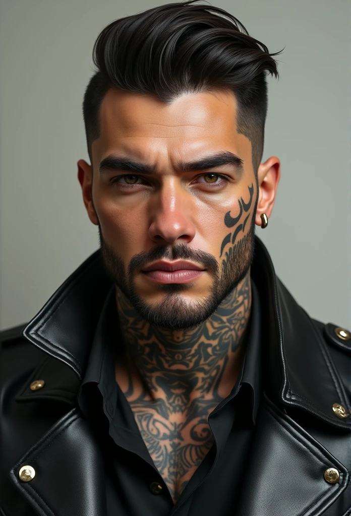 A realistic photo, photorrealistic: 1.4 official art, ultra detaild, Beautiful and aesthetically pleasing, comely, work of art, of the best quality, Elegant man, tattooed on the face,leather jacket, seems straight forward,um close de um