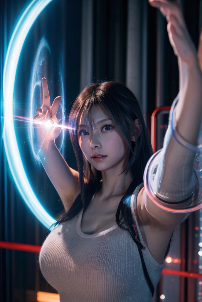 From within the vortex of light、Enter with your fist raised、A female alien with a silver body and red lines、Female Ultraman、The body is transparent