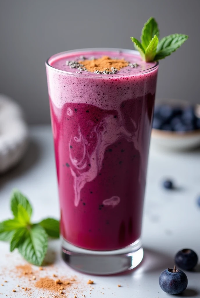Create an image of this recipe: Berry Chia Smoothie Ingredients:
- Mixed berries (strawberries, blueberries, raspberries): 150 g - Almond milk: 200 ml - Chia seeds: 15 g - Honey: 10 g (Optional)
Preparation:
1. In a blender, Combine the berries and almond milk. Blend until smooth.
2. Add the chia seeds and mix well..
3. if you wish, Add honey to taste and mix again..
4. Pour into a glass and let sit for 5 minutes so that the chia seeds hydrate and the smoothie thickens a little..