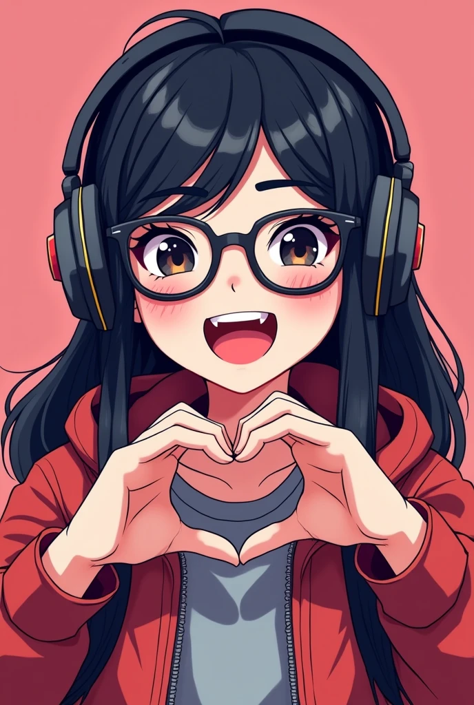 Twitch emote image of a girl with black hair, black eyes, black eyebrows, glasses, headphones, gamer in love making a Korean heart