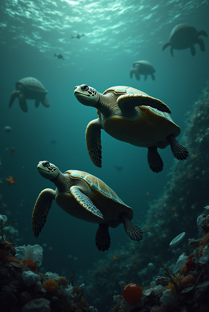 Turtles live in the sea ,eat plastic .In the sea there is human waste,toxins,oil
