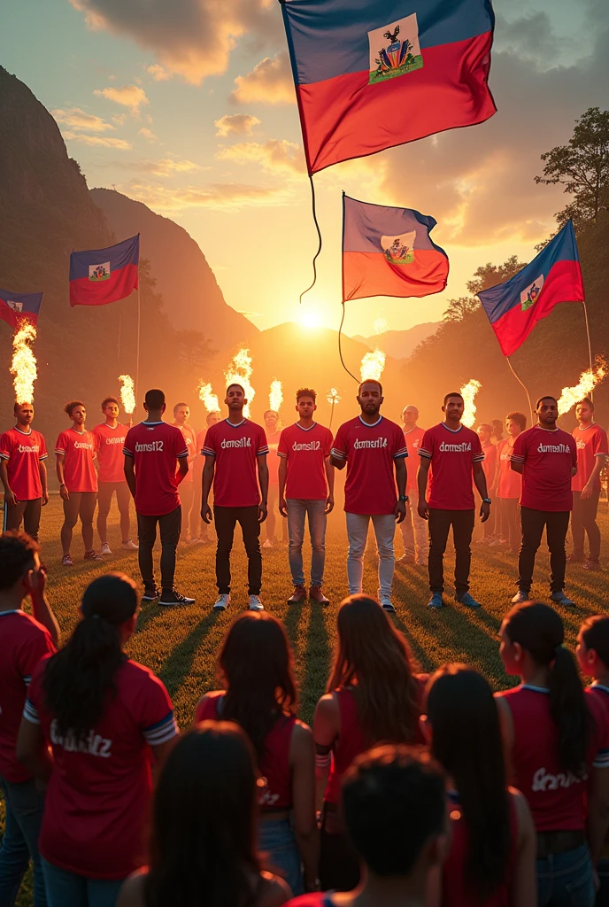 Format paysage, 20 artiste habillé avec des maillots où on écrit DONSON14, avec des micros en feux, des guitares en feux, avec des drapeaux Haïtien qui flottent et des belles femmes habillée avec des maillots et jeans 