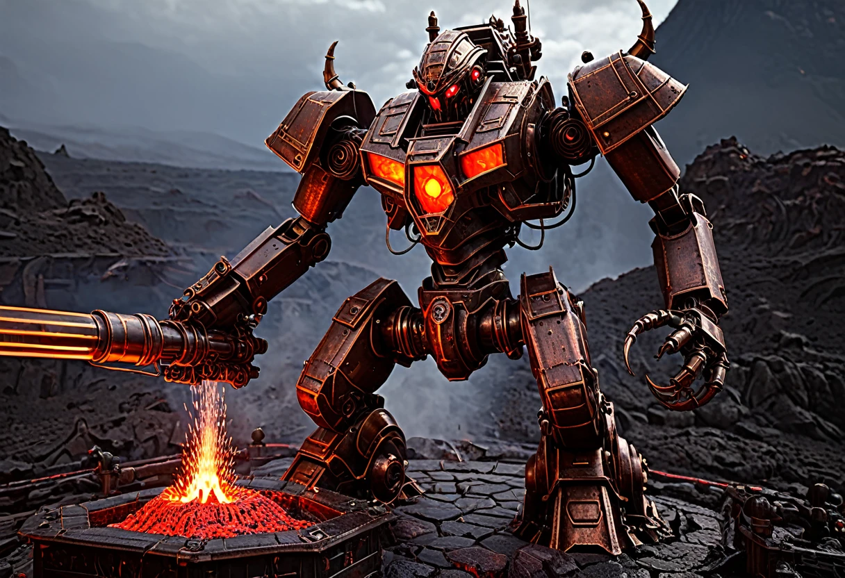 a giant death robot, a lava spewing demon engine from warhammer 40k, red paint, bronze metal, lava cannons, scorpion theming, (bronze buddha statue is the robot's head), volcano setting, intricate machinery, glowing lava, photorealistic, highly detailed, 8k, masterpiece, cinematic lighting, concept art style
