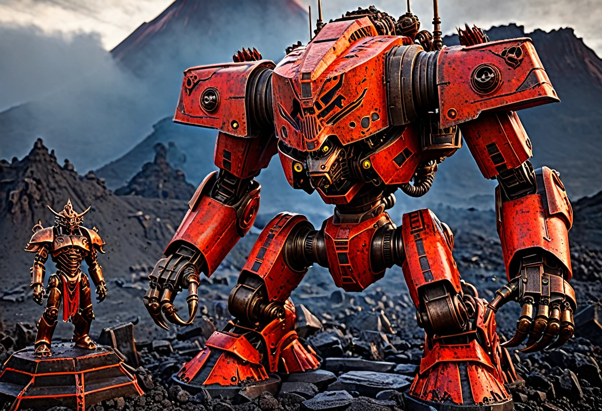 a giant death robot, a lava spewing demon engine from warhammer 40k, red paint, bronze metal, lava cannons, scorpion theming, (bronze buddha statue is the robot's head), volcano setting, intricate machinery, glowing lava, photorealistic, highly detailed, 8k, masterpiece, cinematic lighting, concept art style
