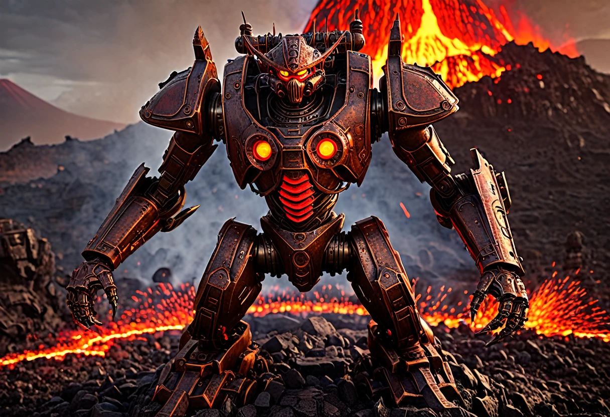 a giant death robot, a lava spewing demon engine from warhammer 40k, red paint, bronze metal, lava cannons, scorpion theming, (bronze buddha statue is the robot's head), volcano setting, intricate machinery, glowing lava, photorealistic, highly detailed, 8k, masterpiece, cinematic lighting, concept art style
