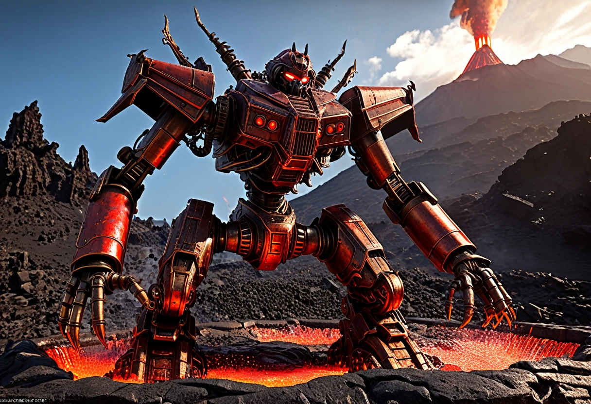 a giant death robot, a lava spewing demon engine from warhammer 40k, red paint, bronze metal, lava cannons, scorpion theming, (bronze buddha statue is the robot's head), volcano setting, intricate machinery, glowing lava, photorealistic, highly detailed, 8k, masterpiece, cinematic lighting, concept art style
