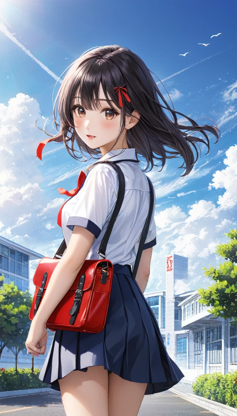 Photo quality、4K、woman,Dark blue high school uniform、whiteいシャツ、Red ribbon、Holding a black school bag、A4 size bag、With shoulder strap、通学Wind景、School、white,art,advertisement,Colored pencil drawing,draft 、Summer Girl、Wind、Black Bag