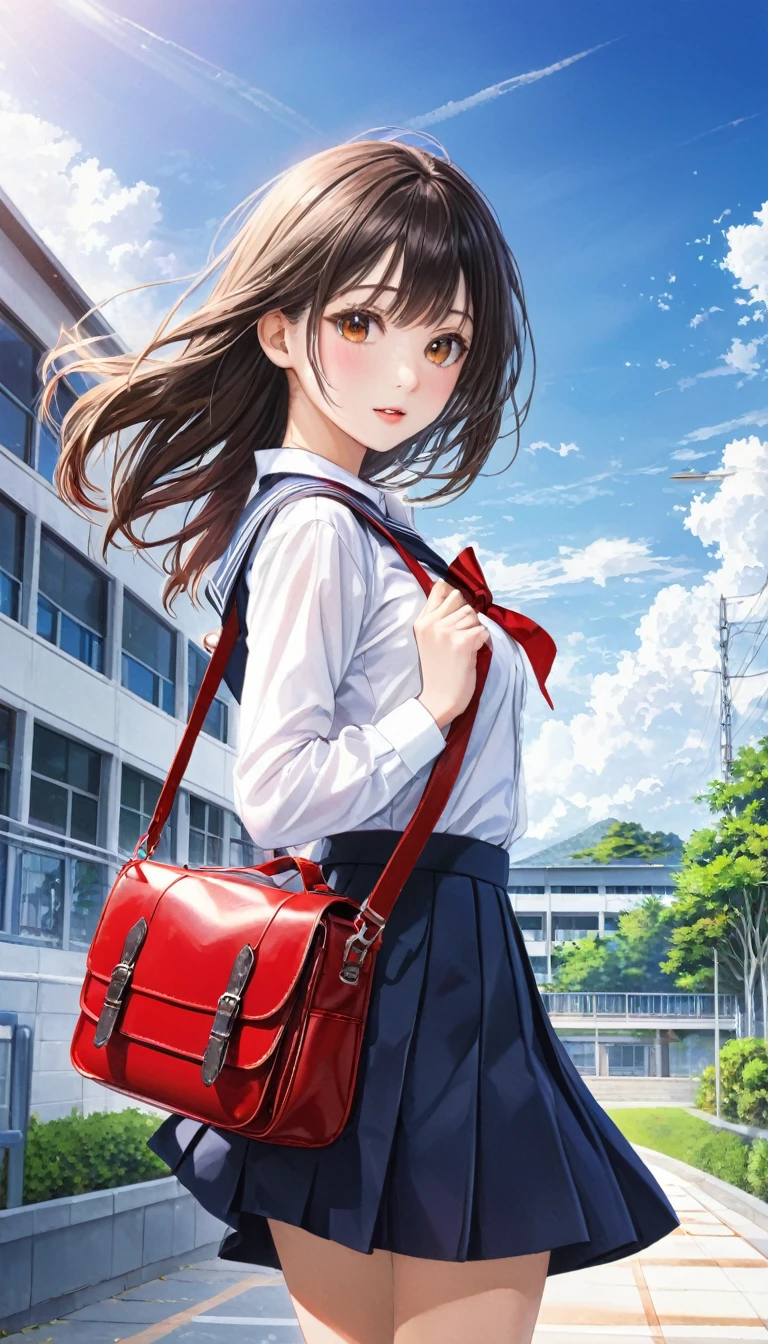 Photo quality、4K、woman,Dark blue high school uniform、whiteいシャツ、Red ribbon、Holding a black school bag、A4 size bag、With shoulder strap、通学Wind景、School、white,art,advertisement,Colored pencil drawing,draft 、Summer Girl、Wind、Black Bag