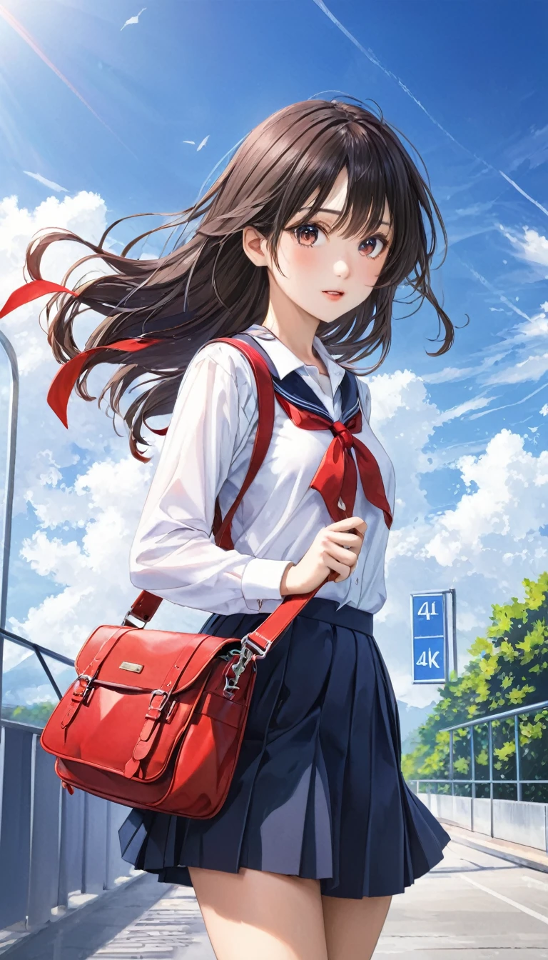  Photo quality、4K、woman，Dark blue high school uniform、whiteいシャツ、Red ribbon、Holding a black school bag、A4 size bag、With shoulder strap、通学Wind景、School、white，art，advertisement，Colored pencil drawing，draft 、Summer Girl、Wind、Black Bag
