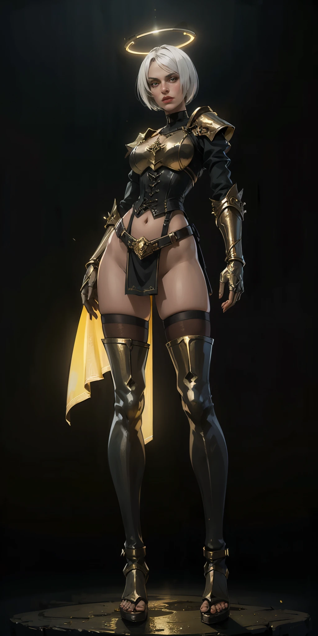 (black background) paladin lady in ornate golden armor, pauldrons, breastplate, corset, glowing halo, short hair, bob hair style, white silver hair, yellow glowing eyes, bright pupils, eye focus, red cape, particles, light beam, chromatic aberration, full body, whole body 1solo (girl) loincloth standing, hands on hips, metal sandals, leather black choker, big belt, view from below, feet together, bracers, tiara