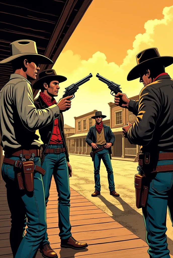 Hyperrealistic color comic 1950s three outlaw cowboys on the porch of a saloon shooting pistols at the sheriff