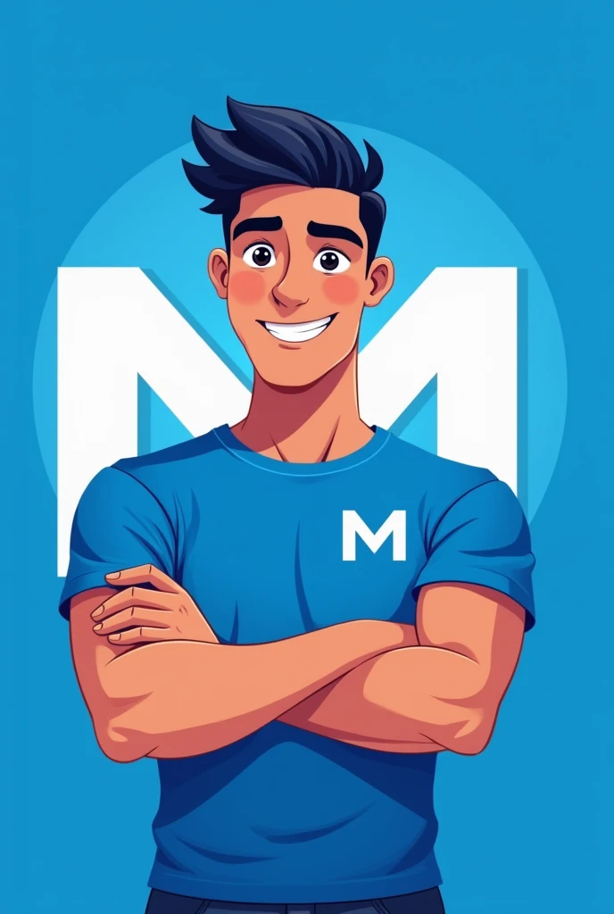 Create a mascot for WhatsApp profile pictures that symbolizes an I.In blue and white colors, Called do the M, that symbolizes a person, A candidate for mayor. The image must represent a young person, be a man with m behind the image, the shirt must be blue and the image behind the m must also be blue. Have M on the shirt at the back so it is more visible. Make the arms come together and make the M symbol.
