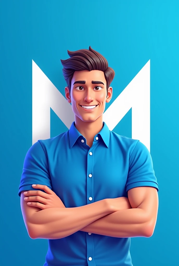 Create a mascot for WhatsApp profile pictures that symbolizes an I.In blue and white colors, Called do the M, that symbolizes a person, A candidate for mayor. The image must represent a young person, be a man with m behind the image, the shirt must be blue and the image behind the m must also be blue. Have M on the shirt at the back so it is more visible. Make the arms come together and make the M symbol.