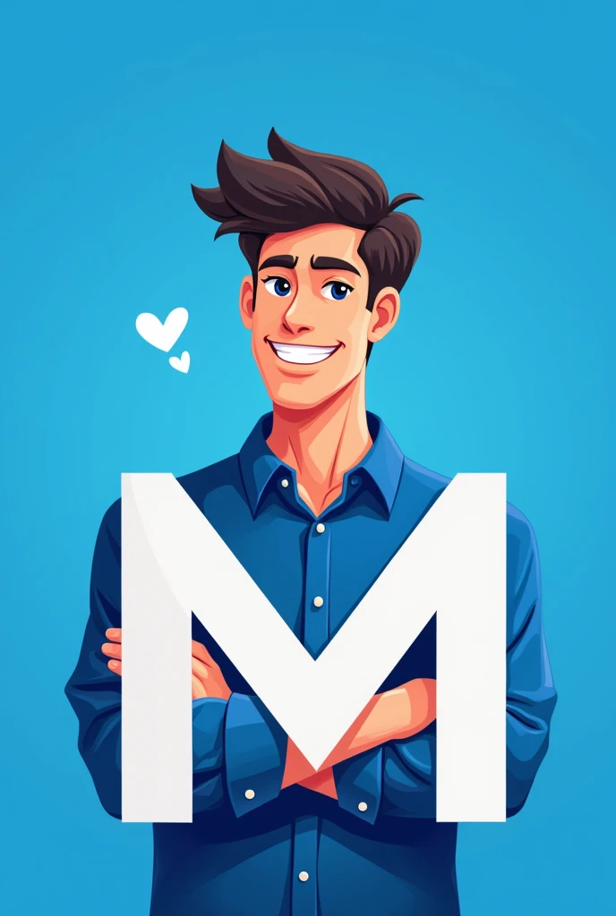 Create a mascot for WhatsApp profile pictures that symbolizes an I.In blue and white colors, Called do the M, that symbolizes a person, A candidate for mayor. The image must represent a young person, be a man with m behind the image, the shirt must be blue and the image behind the m must also be blue. Have M on the shirt at the back so it is more visible. Make the arms come together and make the M symbol.