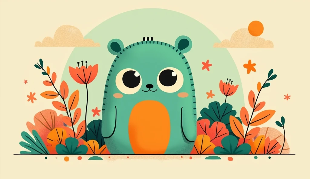 Victor Nai&#39;s style, beautiful details，simple，modern，advanced，cute，Color blocking，flowers，Orange，light green，grid，line，illustration，vigor，pixar