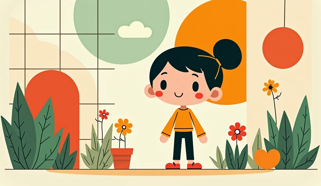 Victor Nai's style, beautiful details,simple,modern,advanced,cute,Color blocking,flowers,Orange,light green,grid,line,illustration,vigor,pixar