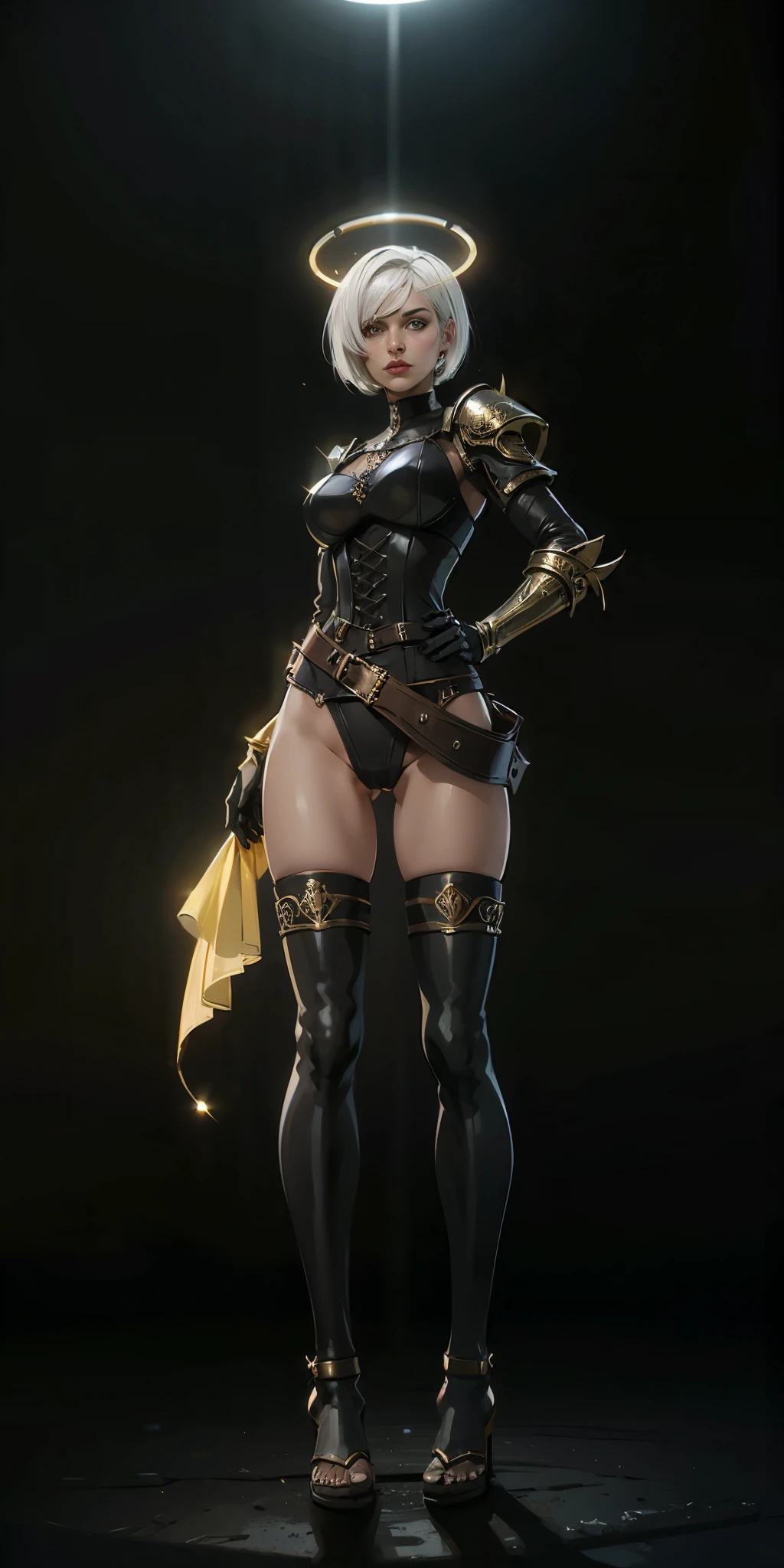 (black background) paladin lady in ornate golden armor, pauldrons, breastplate, corset, glowing halo, short hair, bob hair style, white silver hair, yellow glowing eyes, bright pupils, eye focus, red cape, particles, light beam, chromatic aberration, full body, whole body 1solo (girl) loincloth standing, hands on hips, metal sandals, leather black choker, big belt, view from below, feet together, bracers, tiara