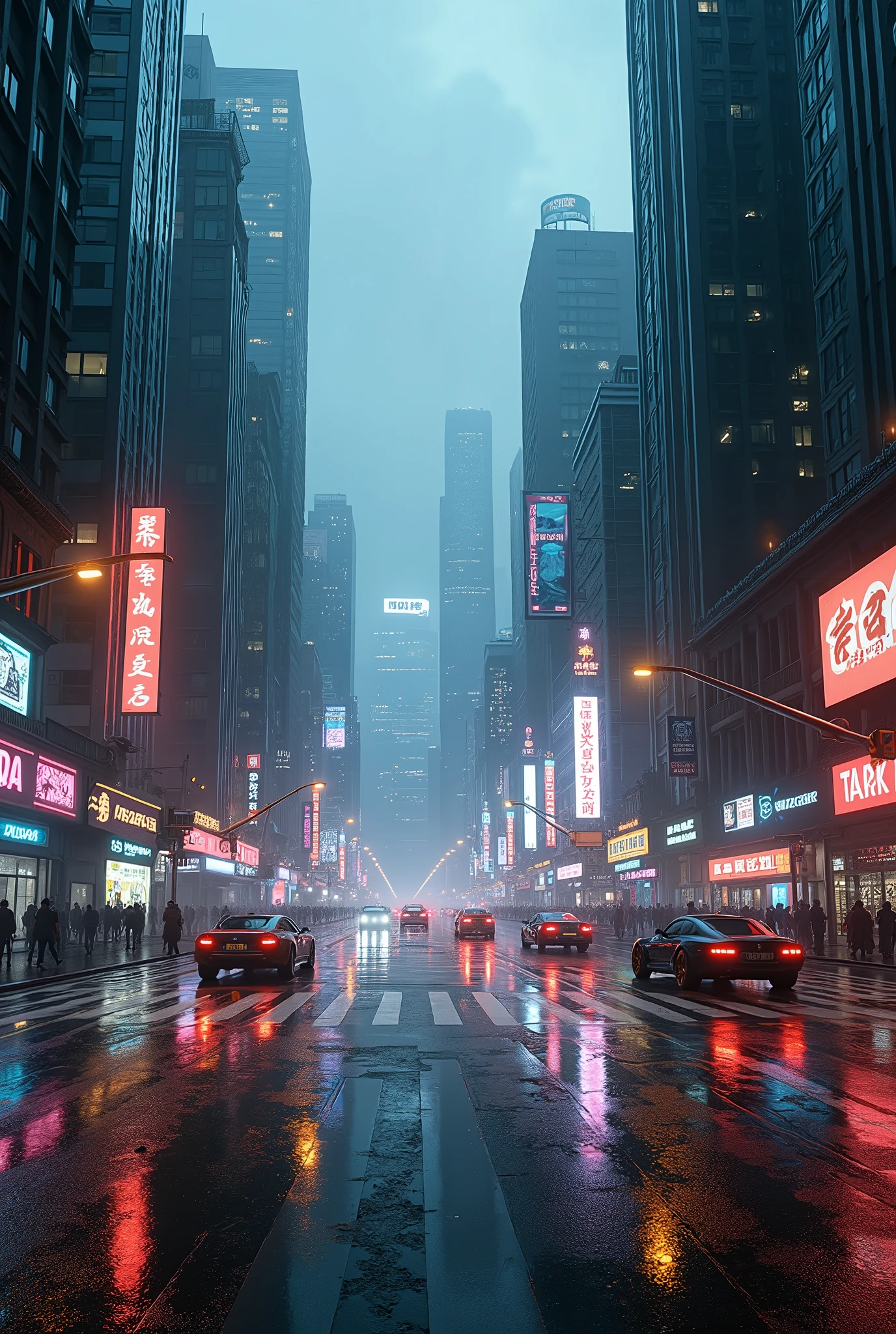Photographic grade,Movie quality,Game CG wallpaper,A Hong Kong Cyber City in the Rain,Street Intersection,No text appears