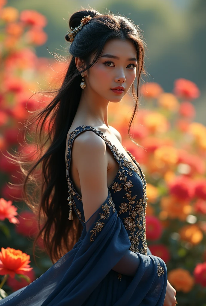 A beautiful and graceful woman with large, round eyes like a full moon, her long black hair flowing gently in the wind. She wears a long, dark blue dress with shimmering gold embroidery, a classic and elegant cut with modern touches like a high slit or transparent sleeves. The dramatic light of the late afternoon sun illuminates her face from the side, creating long shadows and highlighting the beauty of her cheekbones, making her eyes sparkle like gems. The background is a blurred, beautiful flower garden, with colors like red, yellow, and purple blending together to create a stunning harmony. A mysterious, subtle smile plays on her lips. She stands tall and graceful, her gaze fixed on the distance. Add small details like antique jewelry or a unique hair accessory to enhance the classic and elegant impression.