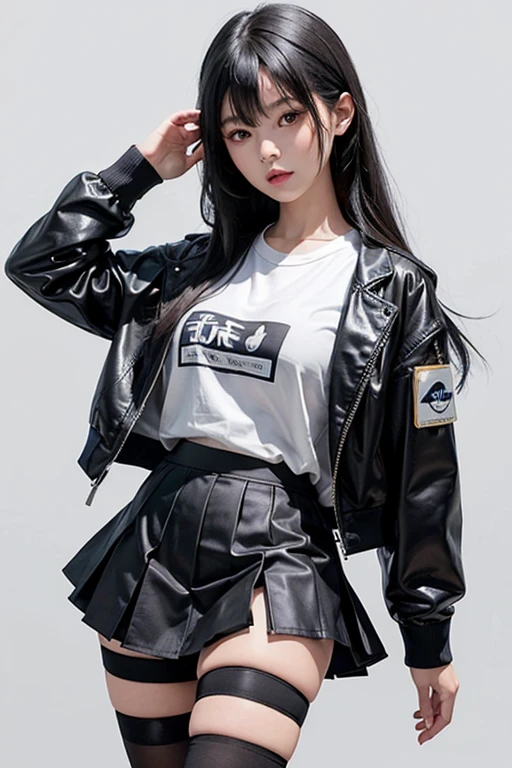HD, pretty face, a Japanese girl with long black hair, wearing a white t-shirt with a black pleated skirt, black thigh-high tights with blue stilettos and a blue bomber jacket