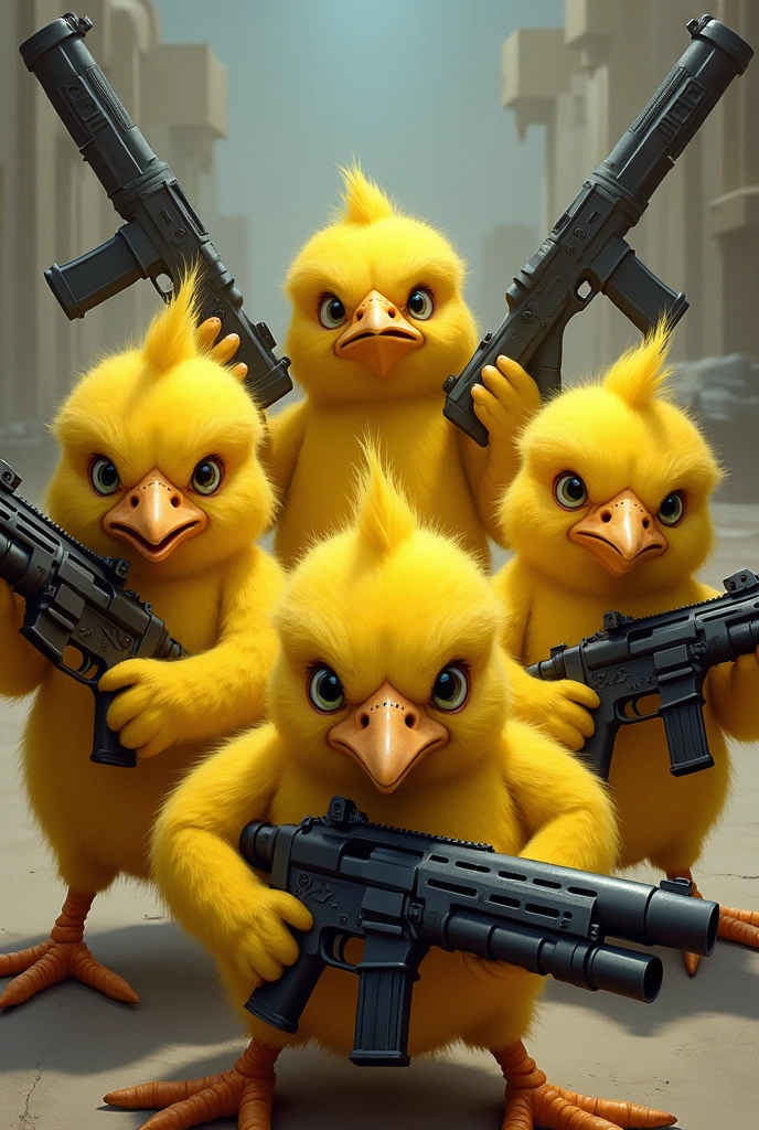 5 chickens with weapons like that, really bad guys, that you are yellow chicks and that the weapons look good, Let the 5 chicks look good, let them be 5