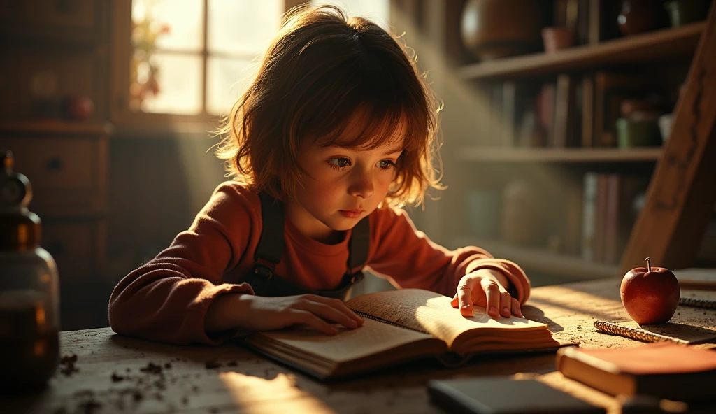 A with brown hair and curious eyes finds a dusty old diary in a sunlight-lit attic, with mysterious shadows suggesting a story to be discovered. cinematic lighting designed semi realistic style