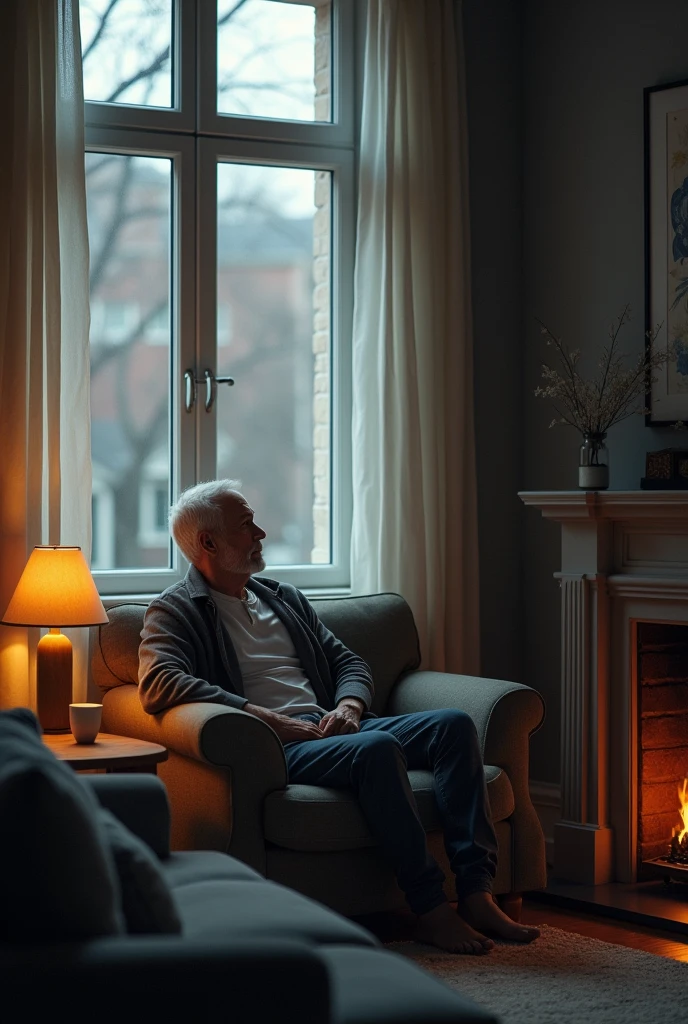 Man sitting at home on a sofa looking out the window at the street next to his fireplace thinking how he spends time looking for a sign to be able to face his day to day life 