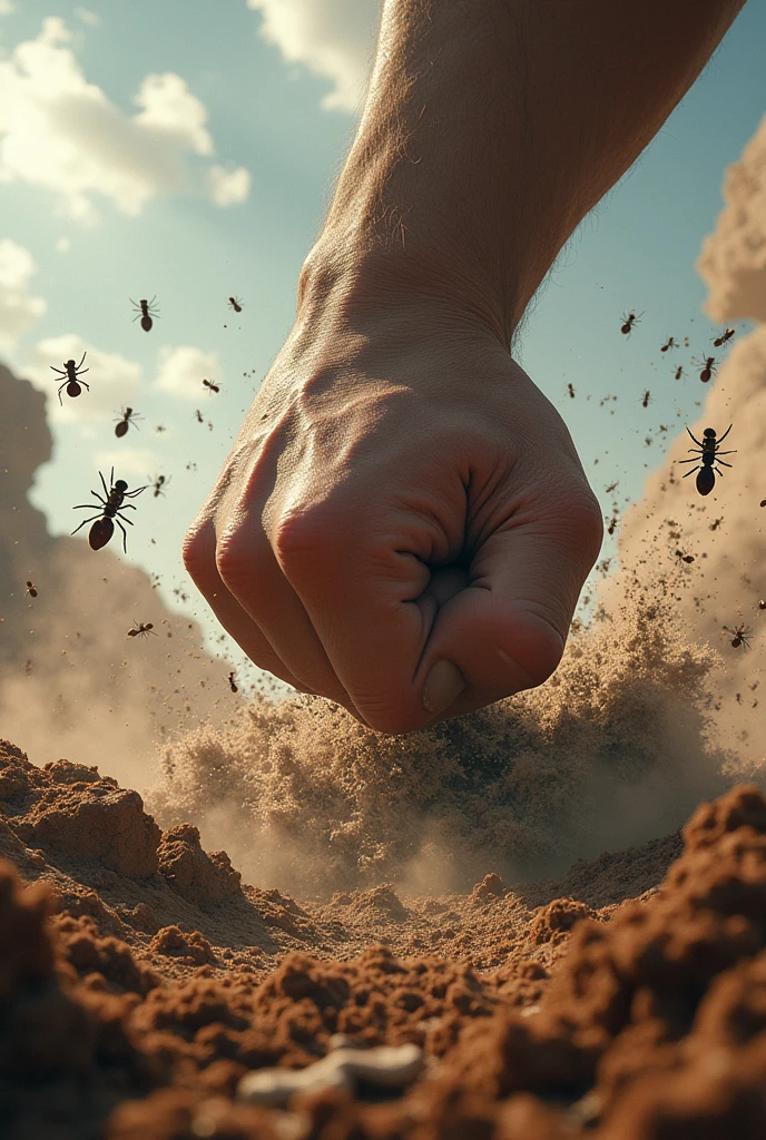 A powerful fist smashed vertically on the ruins of ant nests full of ants, some ants were blown away, some ants were fighting, the background was mud sputtering, dust flying, war game style, picture composition golden ratio, reflecting the antagonism of hands and ants, fierce fighting, vertical composition, realistic style, 3D quality, dust and debris raised in the chaos, ((epic, film)) Fun of game illustrations,