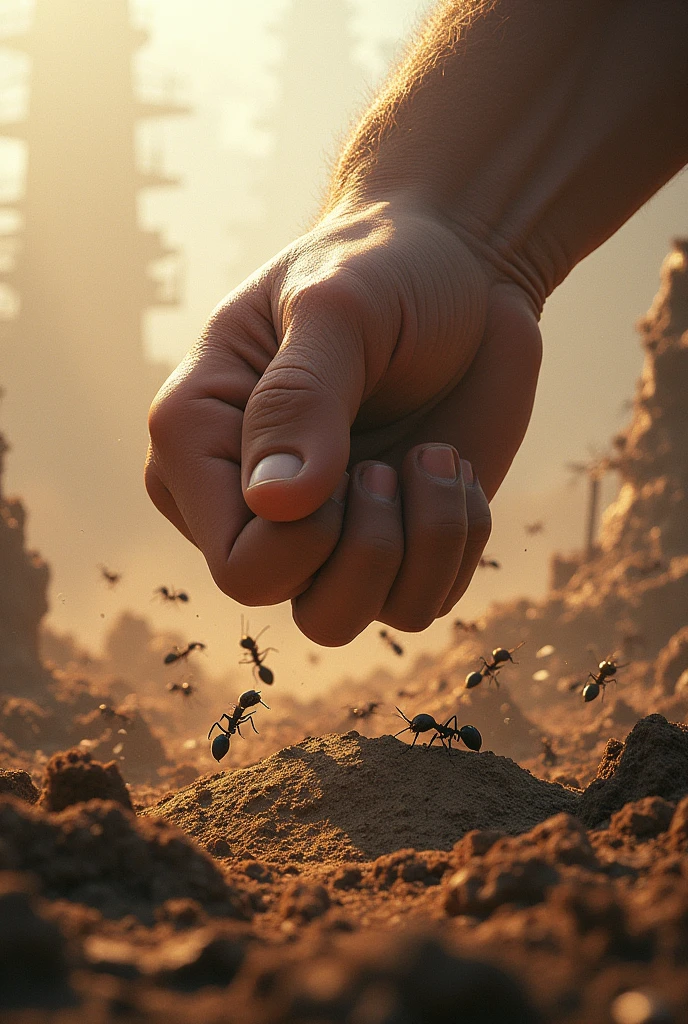 A powerful fist smashed vertically on the ruins of ant nests full of ants, some ants were blown away, some ants were fighting, the background was mud sputtering, dust flying, war game style, picture composition golden ratio, reflecting the antagonism of hands and ants, fierce fighting, vertical composition, realistic style, 3D quality, dust and debris raised in the chaos, ((epic, film)) Fun of game illustrations,