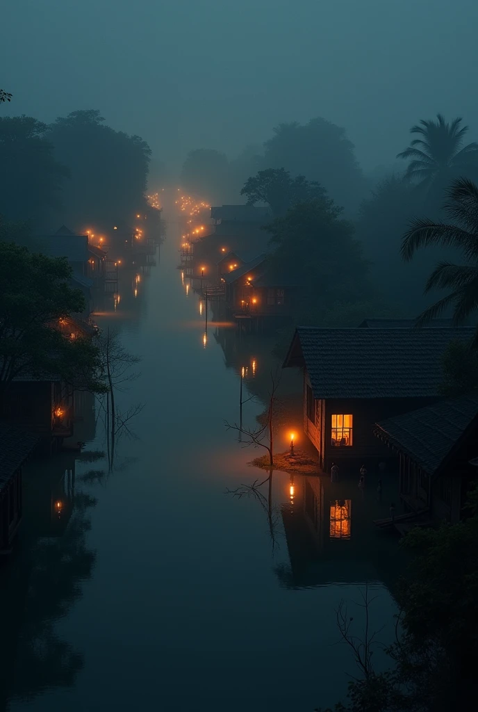 Flooded Bangladeshi nights where no light without the light of candle in every home . Image from above the clouds