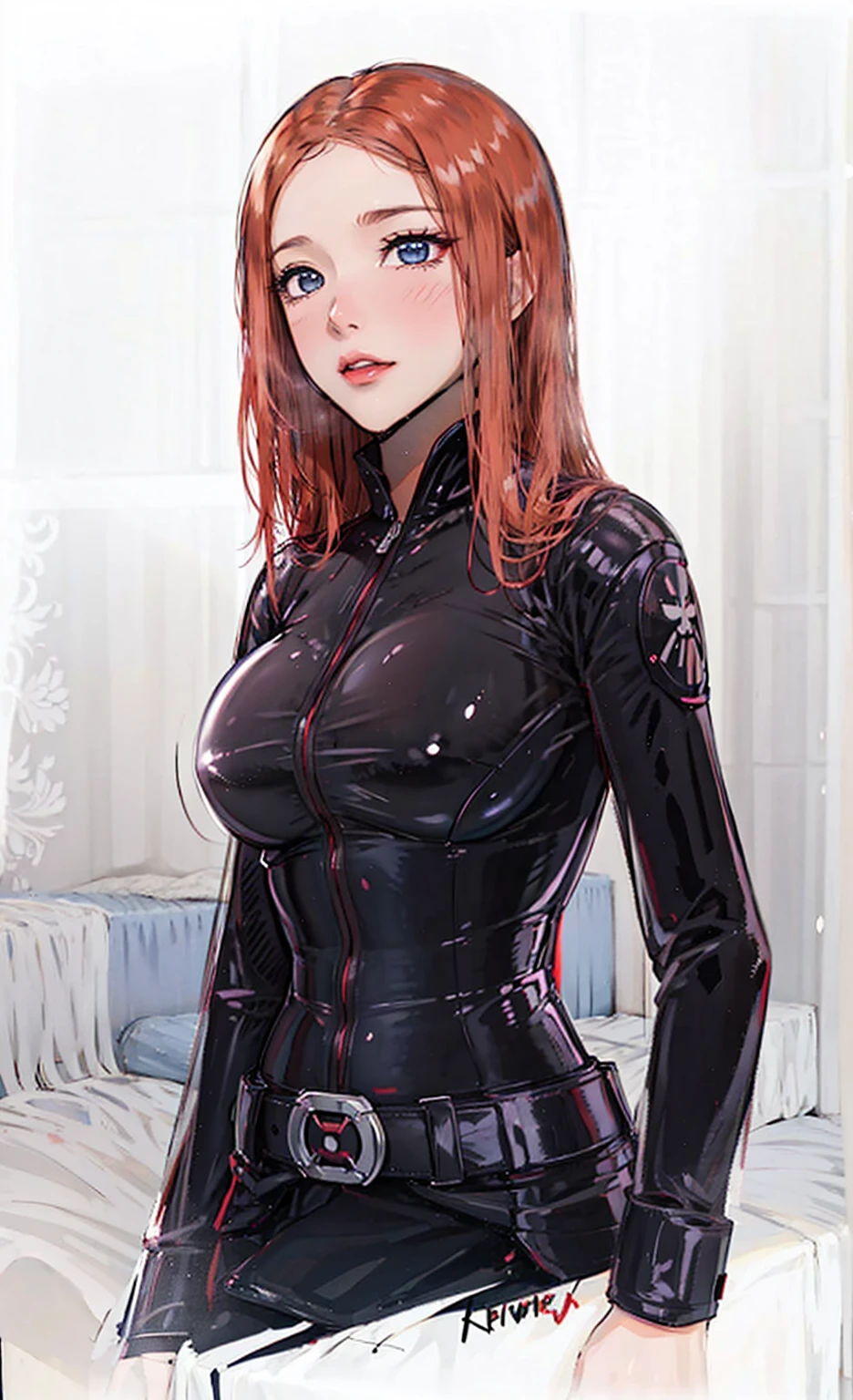The image depicts Black Widow. She is illustrated with bright red, shoulder-length hair and blue eyes, and is clad in a sleek skin-tight shiny black latex bodysuit with a black silver zipper running down the front. The suit is complemented by her shiny iron wrist guard on both wrists and a metal belt with a buckle that features a red hourglass mark. Her gaze is intent and directed off-screen, implying alertness and focus on an unseen threat or target. She appears with a cute smile on her face. The atmosphere of the image conveys confidence and resilience, characteristics synonymous with the Black Widow persona. The background of the image is an off-white color, which creates a subdued and timeless ambiance.