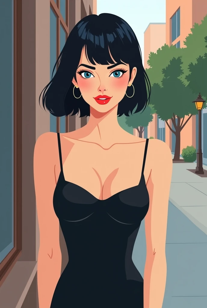 Vector illustration, girl, minimalist, flat color, A Female with bob black haircut with blue eyes and Red lips, bare shoulders, black dress, taut dress, spaghetti strap black dress, medium breast, sleeveless, hands on hip, standing up against a wall in the sidewalks streets at daytime in the background, 1 girl, solo, looking at viewers, smile,