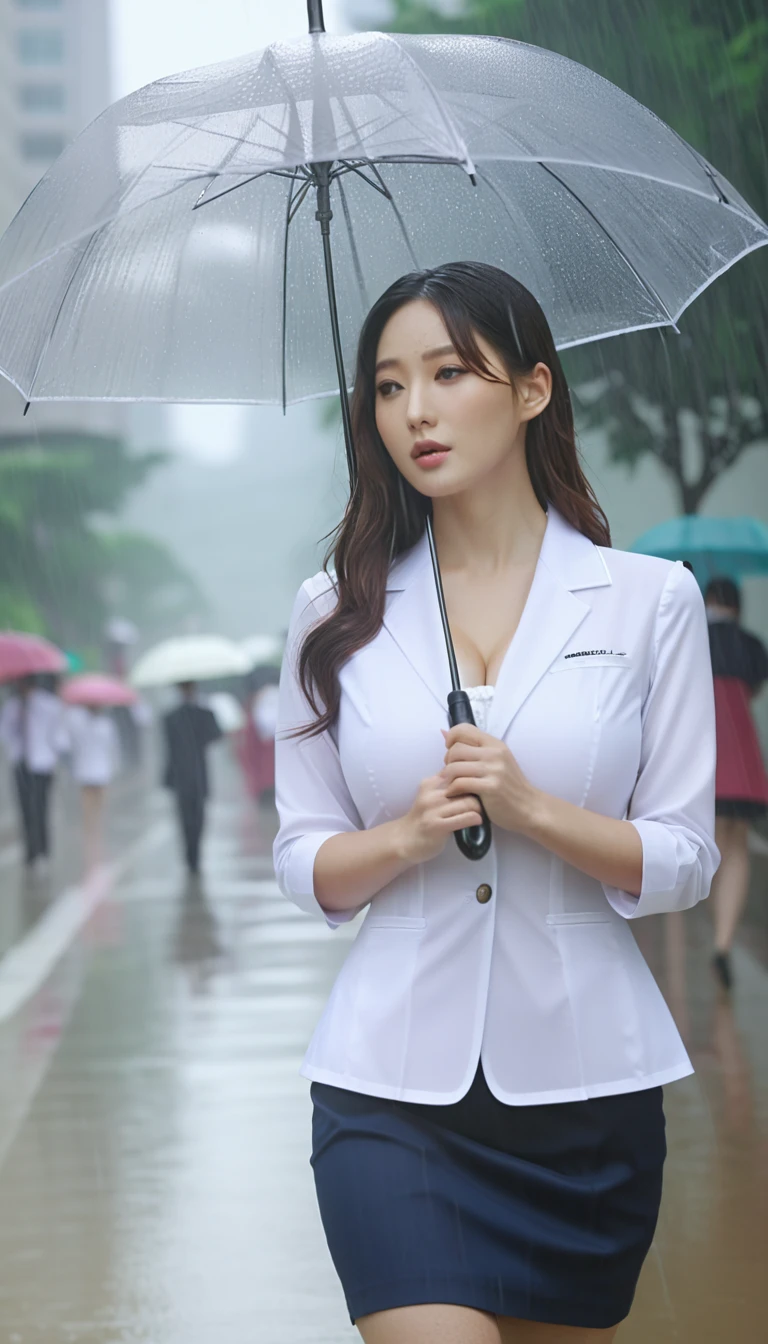 close-up of beautiful korean female, 34 inch breasts size, wearing office uniform, holding umbrella, walking under the rain, UHD