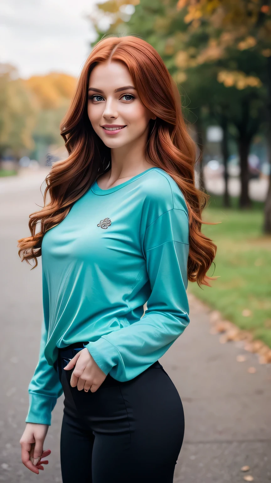Realistic full body photo of a smiling, Young red-haired girl with long hair, She dances in front of the camera in a long-sleeved blue cotton T-shirt and tight black pants, Park,glamour fotoshooting, Park, perfect anatomy, perfect green eyes. Perfect hands with 5 fingers on each hand, Matching girl, looking at the camera, 1 Frau. (Eye make up:1.1), (highly detailed skin:1.1), spirit, analog style, keen focus, 8K UHD, dslr, good quality, Fujifilm XT3, Grain, Award-winning, masterpiece. Park