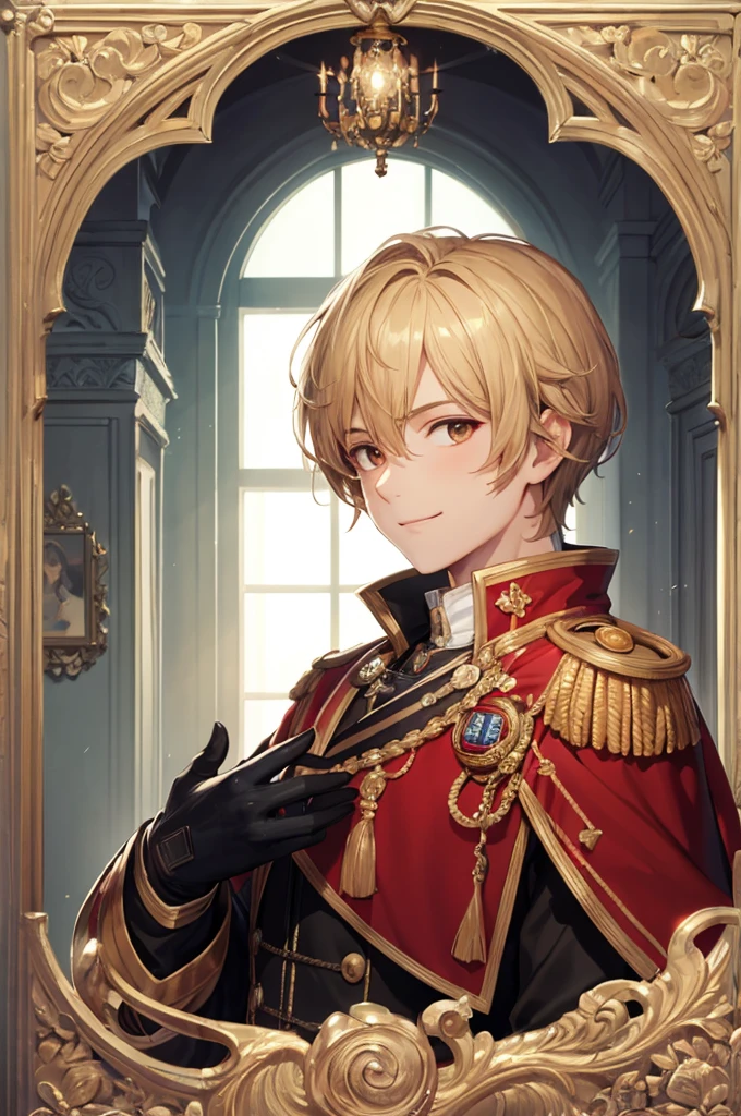 ((masterpiece)), ((best quality)), ((8k resolution)), ((max quality)), detailed eyes, 1 man, brown eyes, masculine, nice hands, perfect hands, short honey-blond hair, fantasy manor interior background, clear background, handsome, calm smile expression, prussian tunic, justice balance scale badge, oneside cape, gloves, close-up, front view, medium shot
