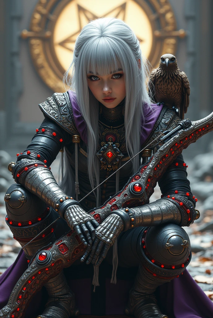 Surreal　Very detailed　Ultra Fantasy　Ultimate Details　Ultra-high resolution　8K 32k 3D 　Clear Eyes　Silver Hair　　Holding a big bowgun with a unique design in his left hand　Assassin　Gorgeous, textured and intricately designed armor　A hawk on the right shoulder　mechanical engineering　Mechanic Art　　.　intricate and elaborate design, money, gold　Silver　Silver Red　Black-purple　Dynamic pose　Robotics　Cinema Lighting　Demonic Spell Aura　Bow playing pose　Squatting pose　　Magic circle design　A large, luxurious amulet made of gold　Vivid Color　Girl　 Place the pentagram symbol　Gorgeous and cool jeweled gauntlets　Satanism　Dynamic pose
